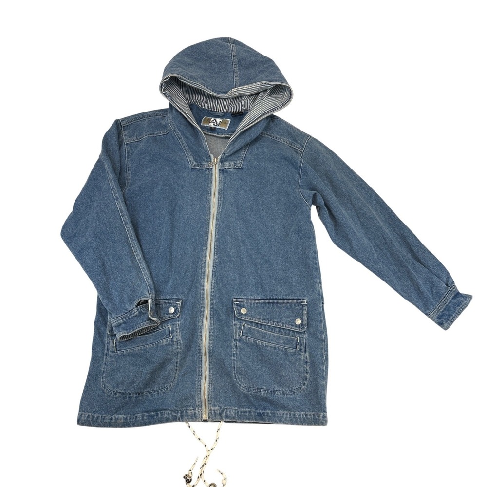Vintage Andy Johns Denim Jacket Parka Womens M 90s Hooded Zip‎ Up Chore Utility